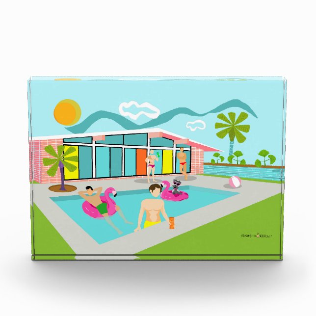 Retro Gay Pink Flamingo Pool Party Photo Block (Front)
