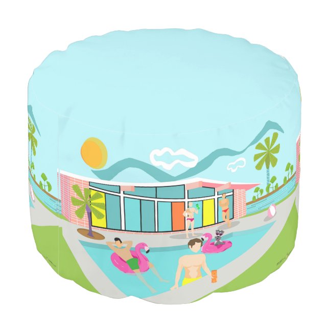 Retro Gay Pink Flamingo Pool Party  Pouf (Angled Back)