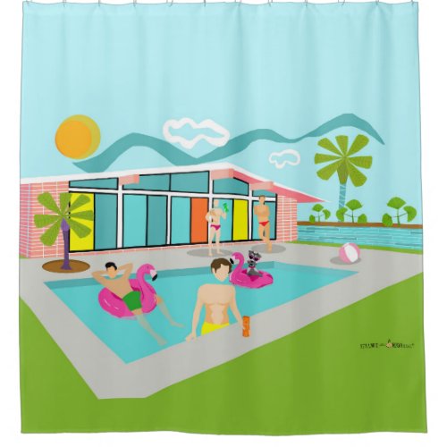 Retro Gay Pink Flamingo Pool Party Shower Curtain