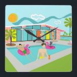 Retro Gay Pink Flamingo Pool Party Square Wall Clock<br><div class="desc">This Retro Gay Pink Flamingo Pool Party captures the joy, camaraderie, and playful spirit of a nostalgic queer culture. Under the vibrant Palm Springs sun, a lively scene unfolds: sassy gay men in 1950s retro speedos and pink cat-eye sunglasses gather around a coral brick mid-century modern home. They lounge on...</div>