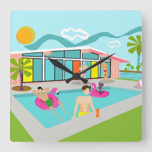 Retro Gay Pink Flamingo Pool Party Square Wall Clock