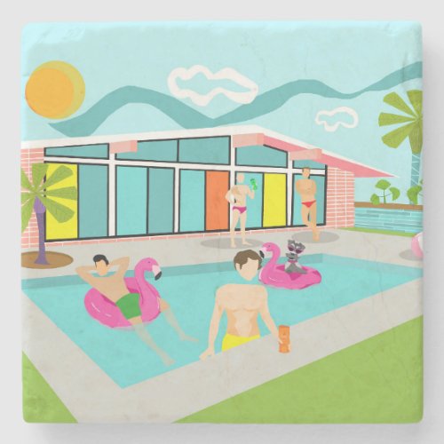  Retro Gay Pink Flamingo Pool Party  Stone Coaster