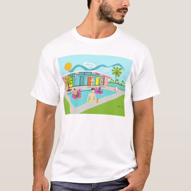  Retro Gay Pink Flamingo Pool Party  T-Shirt (Front)