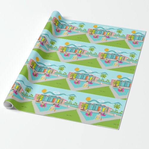 Retro Gay Pink Flamingo Pool Party  Wrapping Paper