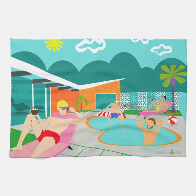 Retro Gay Pool Party Kitchen Towel (Horizontal)