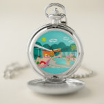Retro Gay Pool Party Pocket Watch<br><div class="desc">This Retro Gay Pool Party Pocket Watch design features four hunky beefcakes having a gay old time as they beat the Palm Springs heat by lounging around the turquoise blue water of their atomic boomerang shaped swimming pool. The mid century modern architecture on the fabulous, orange stone house is clearly...</div>