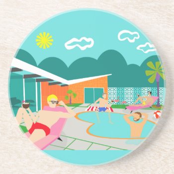 Retro Gay Pool Party Sandstone Coaster by StrangeLittleOnion at Zazzle