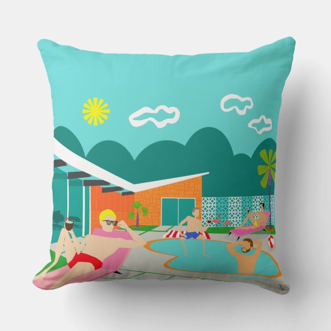 Retro Gay Pool Party Throw Pillow (Front)
