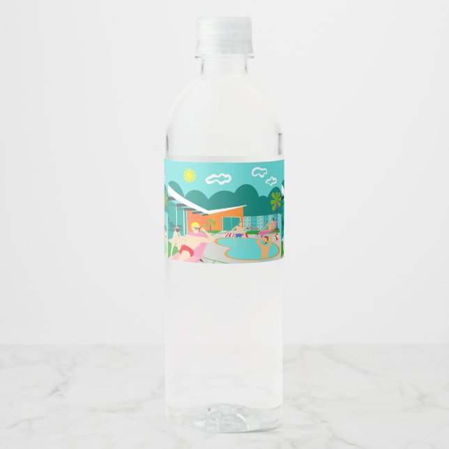 Retro Gay Pool Party Water Bottle Label (Front)