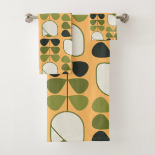 Retro Geo Floral Pattern 1 in Orange, Green, Cream Bath Towel Set