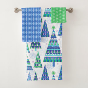 Retro Geo Scandi Christmas Trees Blue & Green Bath Towel Set