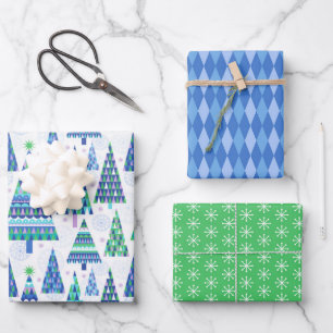 Retro Geo Scandi Christmas Trees Blue & Green Wrapping Paper Sheets