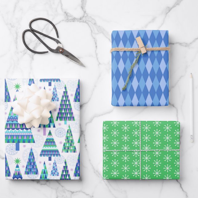 Retro Geo Scandi Christmas Trees Blue & Green Wrapping Paper Sheets (Front)