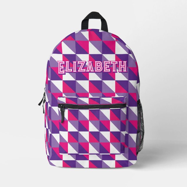 Retro Geometric Abstract Pink Purple & White Name Printed Backpack (Front)