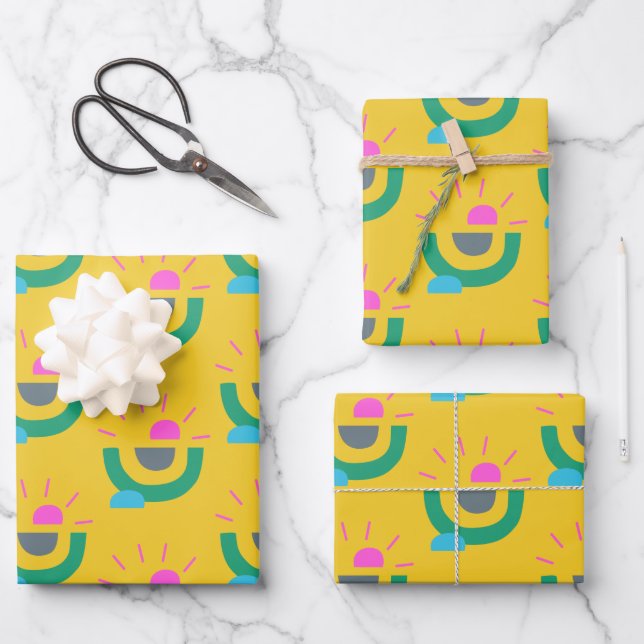 Retro Geometric Abstract Sunshine Pattern Yellow Wrapping Paper Sheets (Front)