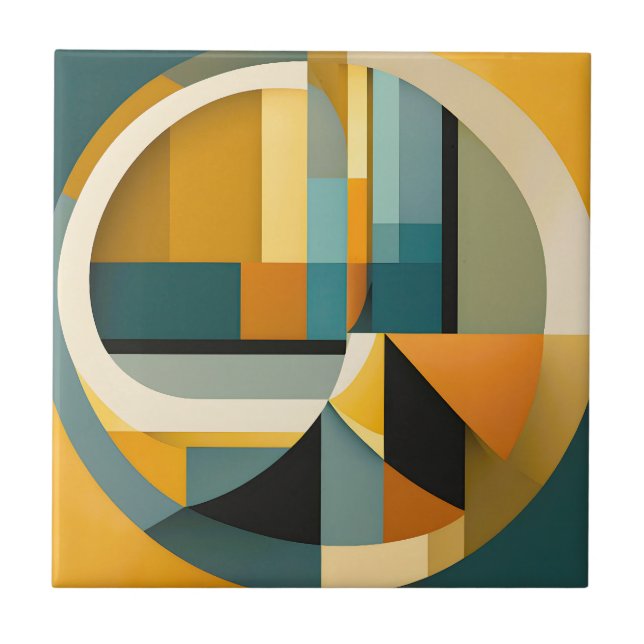 Retro Geometric Abstraction Circles and Rectangles Ceramic Tile (Front)