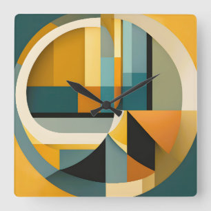 Retro Geometric Abstraction Circles and Rectangles Square Wall Clock