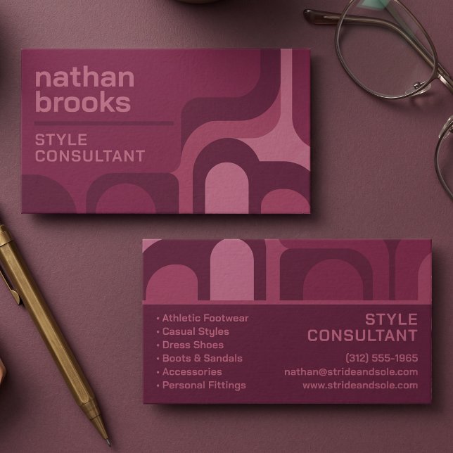 Retro Geometric Arch Pattern Business Card (Simulated business cards on table)