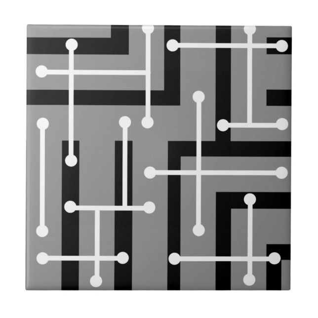 Retro Geometric Art Maze Gray Ceramic Tile (Front)