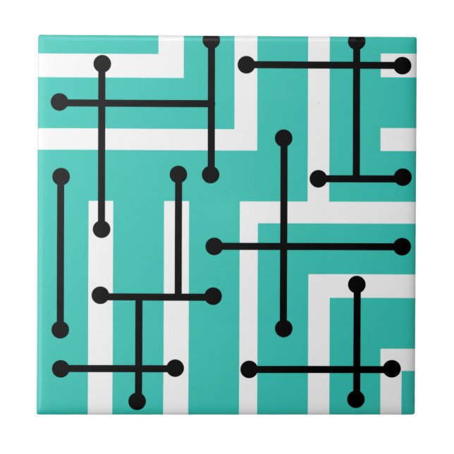 Retro Geometric Art Maze Turquoise Ceramic Tile (Front)