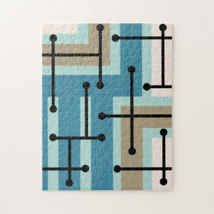 Retro Geometric Art Maze Turquoise Gold Jigsaw Puzzle