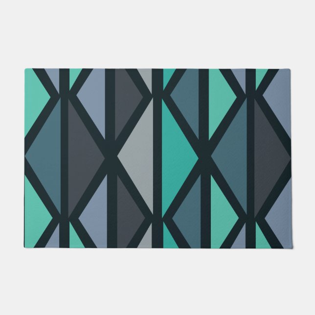 Retro Geometric Art Triangles Black Teal Doormat (Front)