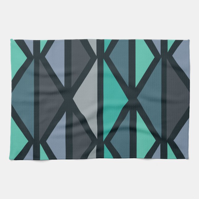 Retro Geometric Art Triangles Black Teal Kitchen Towel (Horizontal)