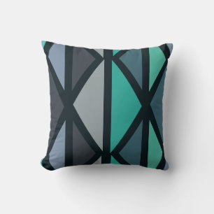 Retro Geometric Art Triangles Black Teal Throw Pillow