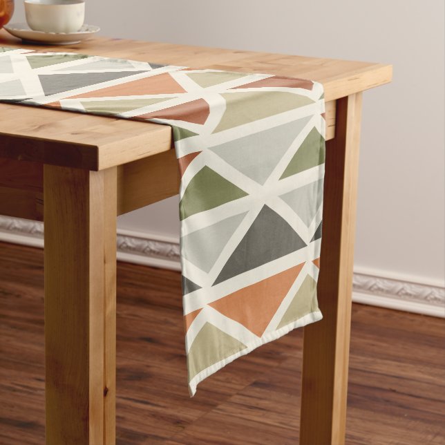 Retro Geometric Art Triangles Green Orange Short Table Runner (In Situ)
