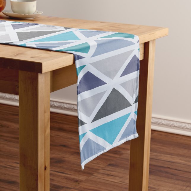 Retro Geometric Art Triangles Turquoise Gray Short Table Runner (In Situ)