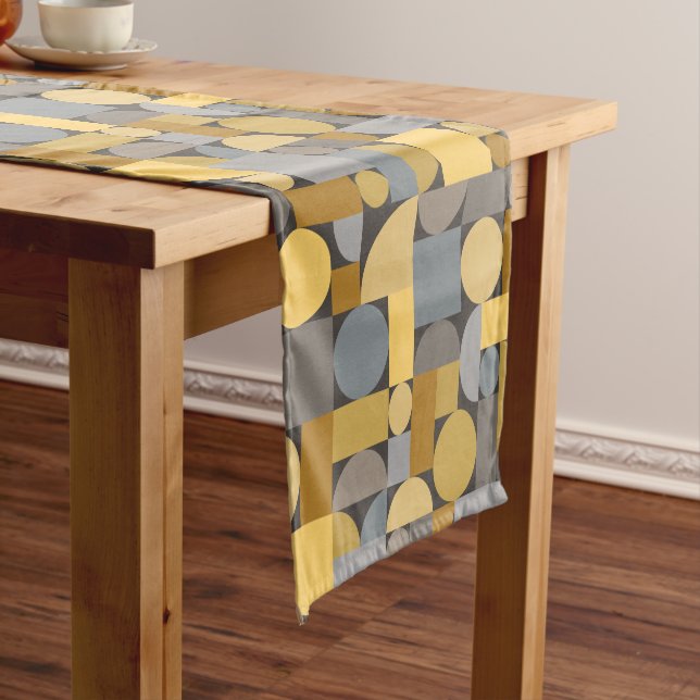 Retro Geometric Art Yellow Gray Short Table Runner (In Situ)