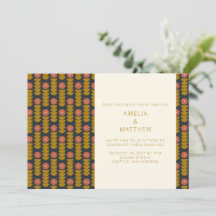 Retro Geometric Botanical Gold Navy Wedding Invitation
