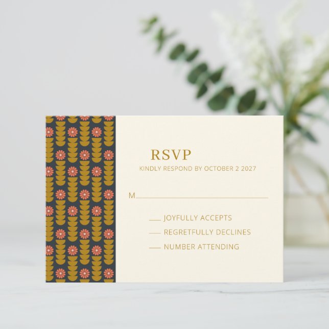 Retro Geometric Botanical Gold Navy Wedding RSVP Card (Standing Front)