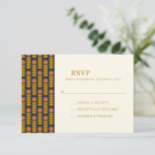 Retro Geometric Botanical Gold Navy Wedding RSVP Card
