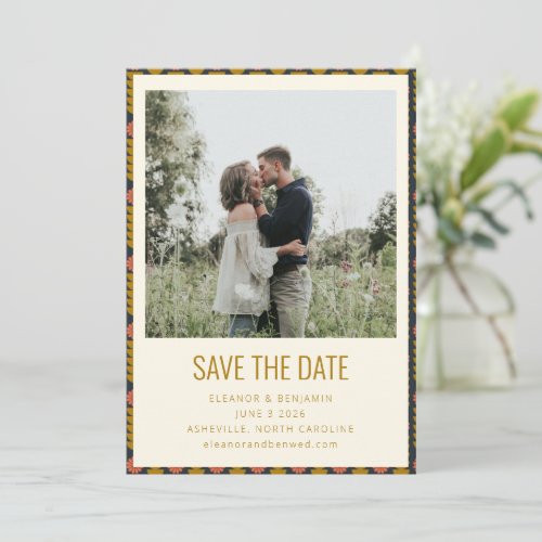 Retro Geometric Botanical Gold Navy Wedding  Save The Date