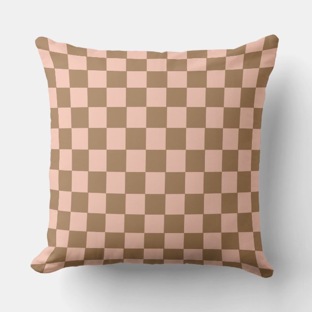 Retro Geometric Checkerboard Pattern Ocher Pink Throw Pillow (Front)