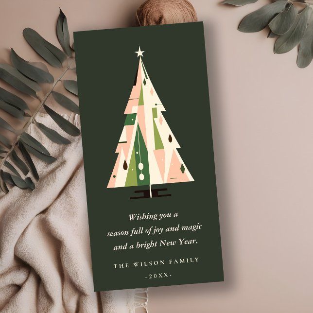 Retro Geometric Christmas Tree Blush Forest Green Holiday Card (Creator Uploaded)