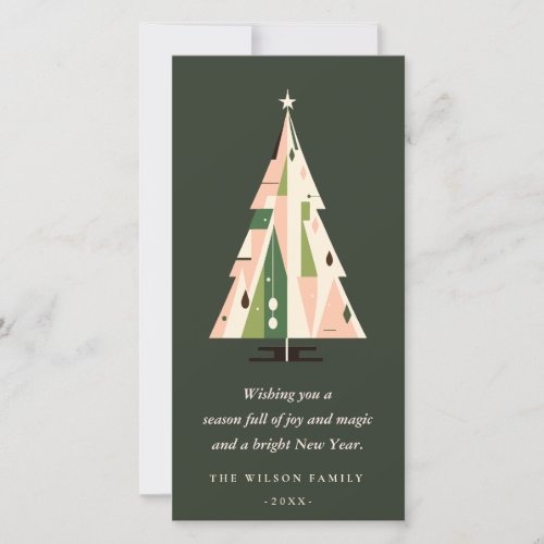 Retro Geometric Christmas Tree Blush Forest Green Holiday Card