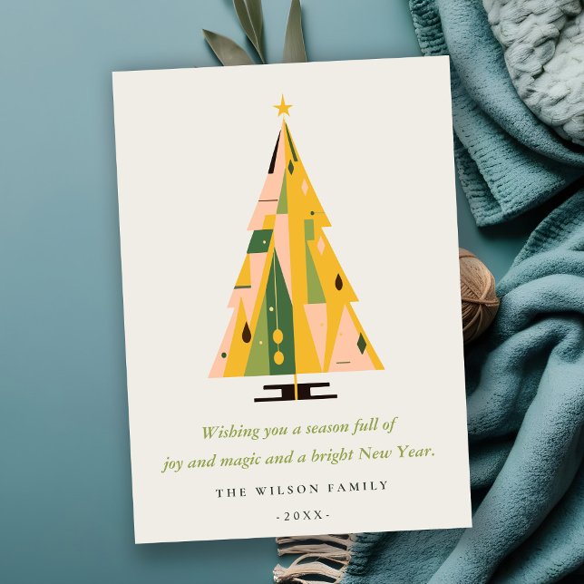 Retro Geometric Christmas Tree Blush Green Mustard Holiday Card (Creator Uploaded)