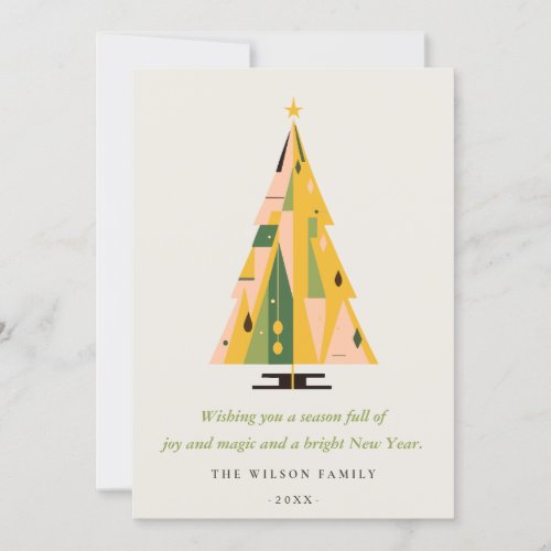 Retro Geometric Christmas Tree Blush Green Mustard Holiday Card