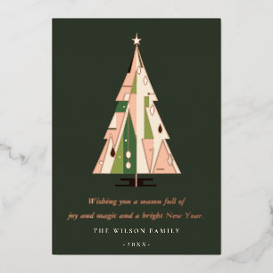 Retro Geometric Christmas Tree Blush Green Rust Foil Holiday Card