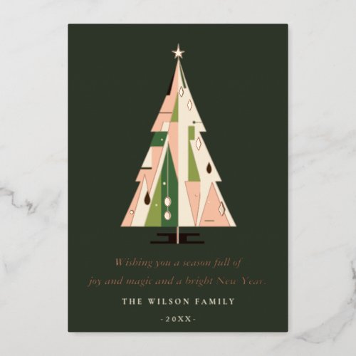 Retro Geometric Christmas Tree Blush Green Rust Foil Holiday Card