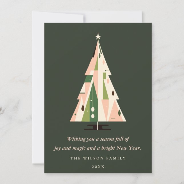 Retro Geometric Christmas Tree Blush Green Rust Holiday Card (Front)