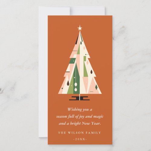 Retro Geometric Christmas Tree Blush Green Rust Holiday Card