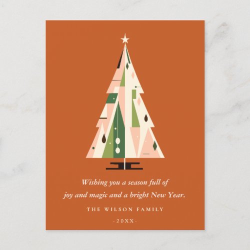 Retro Geometric Christmas Tree Blush Green Rust Holiday Postcard