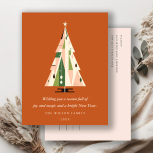 Retro Geometric Christmas Tree Blush Green Rust Holiday Postcard