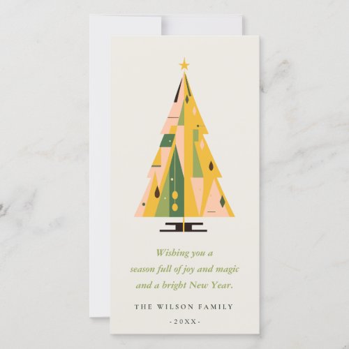 Retro Geometric Christmas Tree Blush Mustard Green Holiday Card