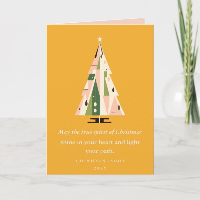 Retro Geometric Christmas Tree Blush Mustard Green Holiday Card (Front)