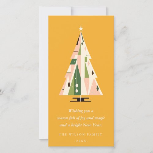 Retro Geometric Christmas Tree Blush Mustard Green Holiday Card