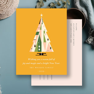 Retro Geometric Christmas Tree Blush Mustard Green Holiday Postcard